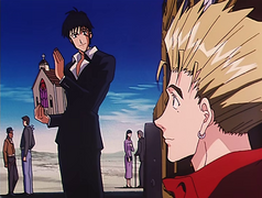 Wolfwood holding the portable confessional.