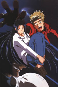Knives smiles ominously behind Rem while Vash screams.